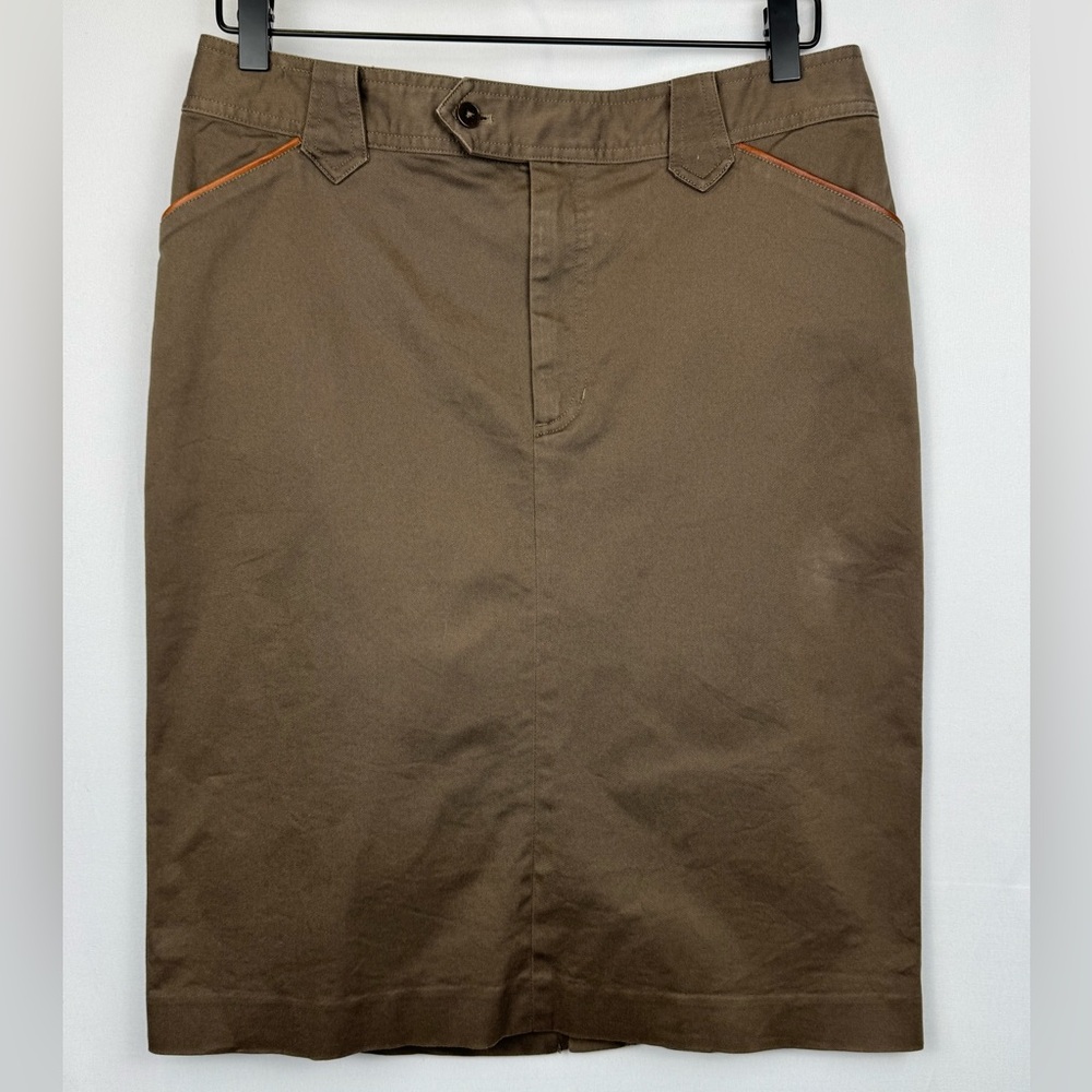 Vintage Lauren Jeans Co Brown Pencil Skirt Leather Accents Pockets Cotton Sz 10